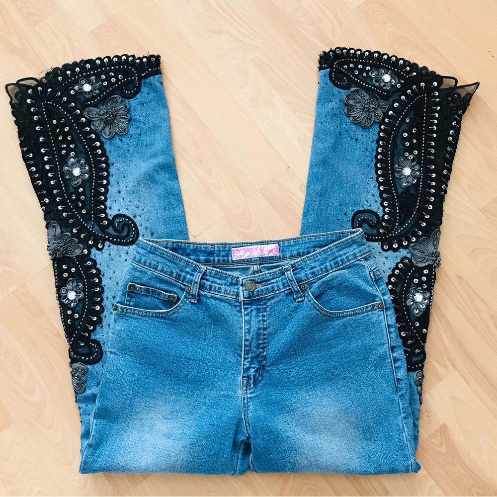 Y2K Vintage Embellished Rhinestone Sequin Flare Bootcut Jeans Fairy Size 6